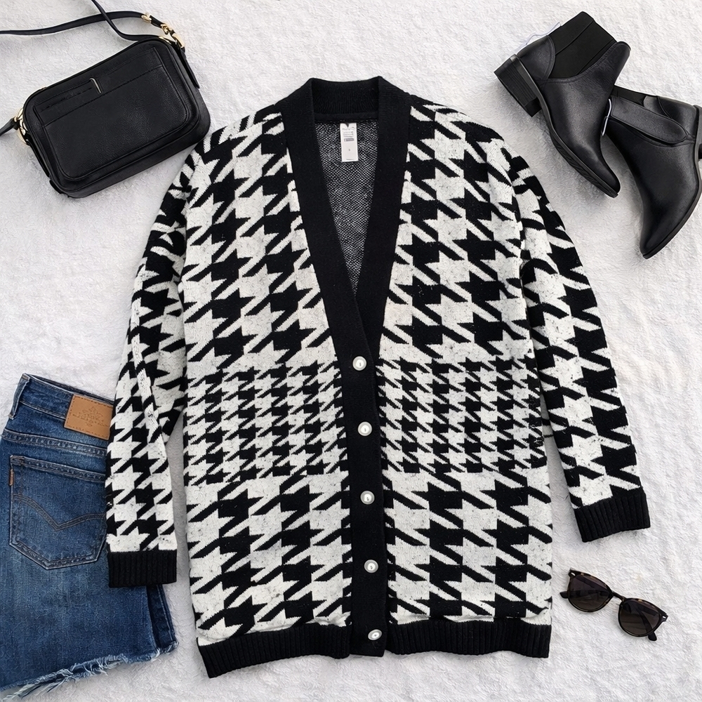 Talbots NWT Black White Houndstooth Long Sleeve Button Up Cardigan Ladies Small